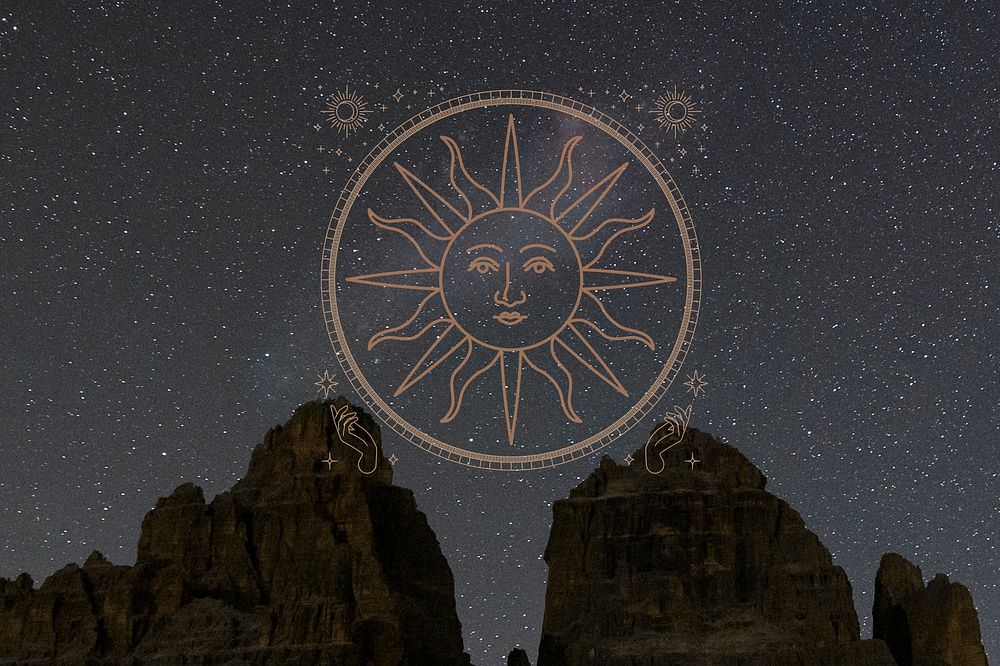 Aesthetic dark astrology background, sun symbol design