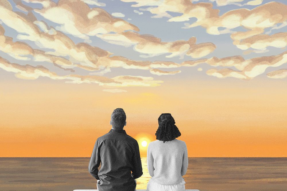 Aesthetic beach couple background, sunset design