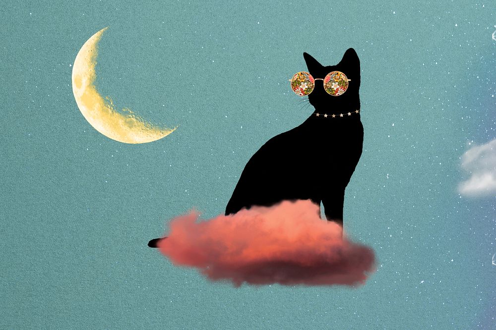 Surreal black cat background, dreamy sky remix