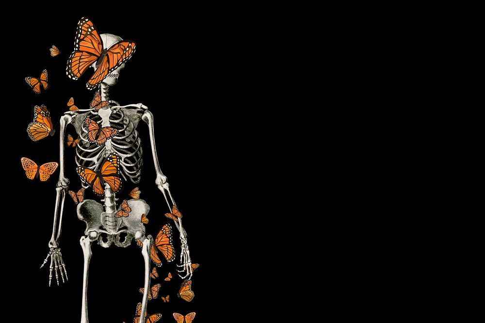 Skeleton Halloween dark background, butterfly design