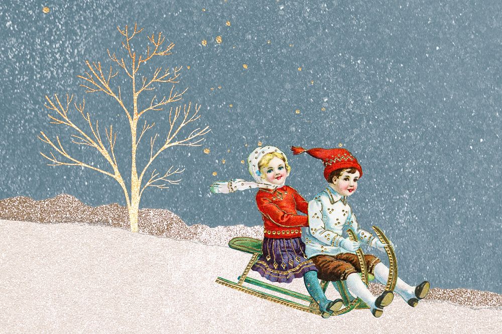 Vintage kids on sleigh background, Christmas winter holidays