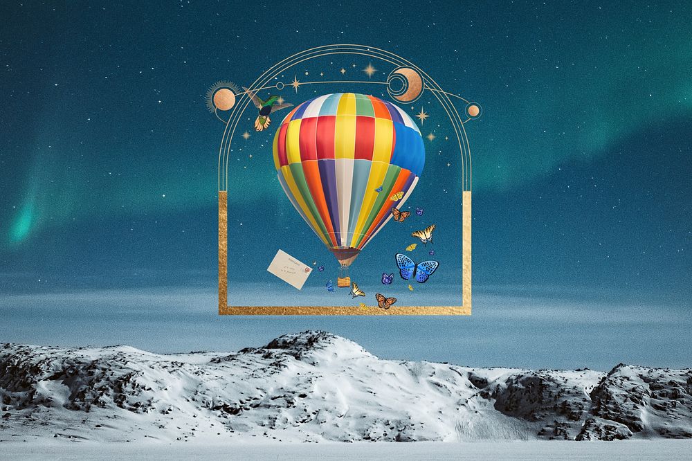 Aesthetic travel dark background, hot air balloon design