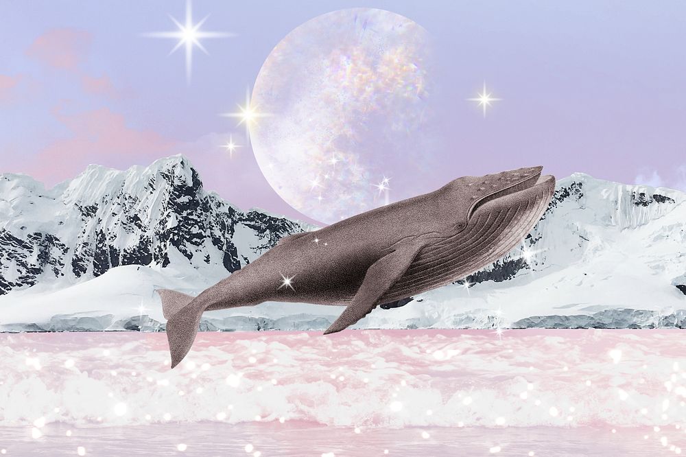 Surreal swimming whale background, snowy mountains remix