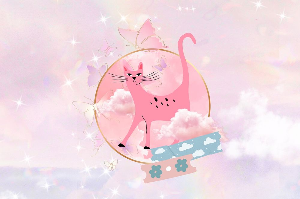 Cartoon cat dreamscape background, pink sky remix