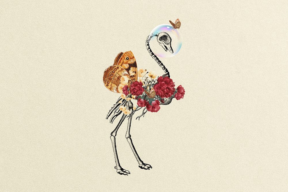 Surreal bird floral background, vintage remix