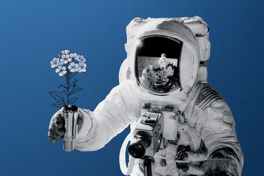 Aesthetic astronaut blue background, flower design