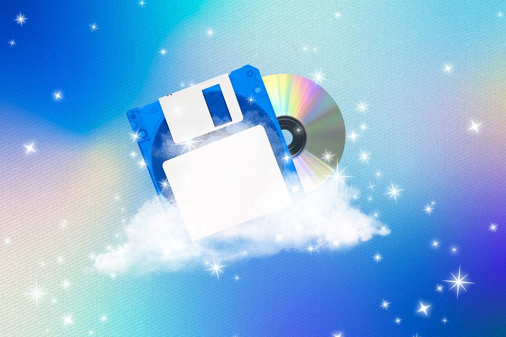 Aesthetic music blue background, floppy disk & CD disk design