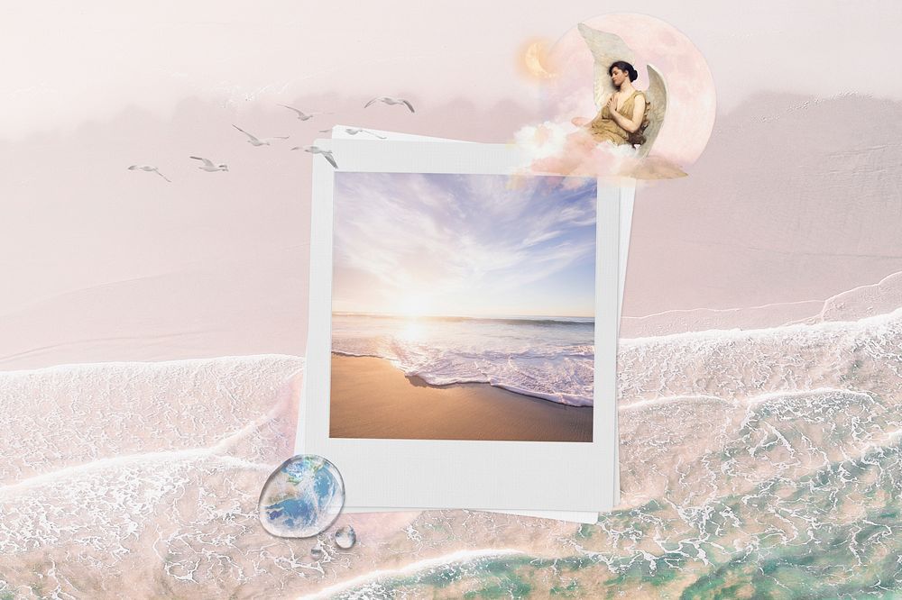 Aesthetic beach background, instant photo design