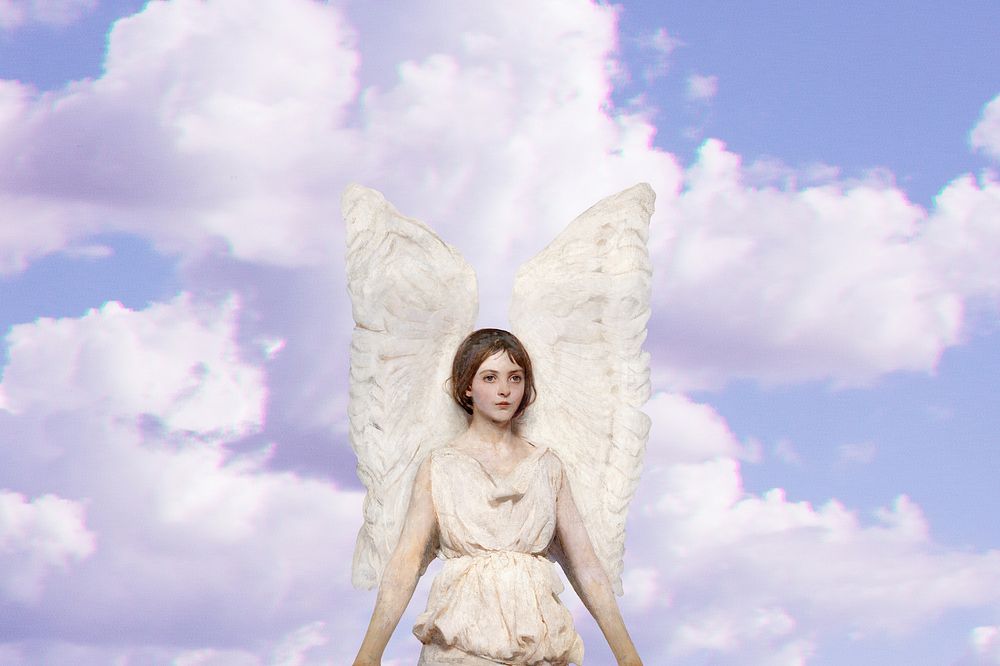 Female angel aesthetic background, cloudy sky design