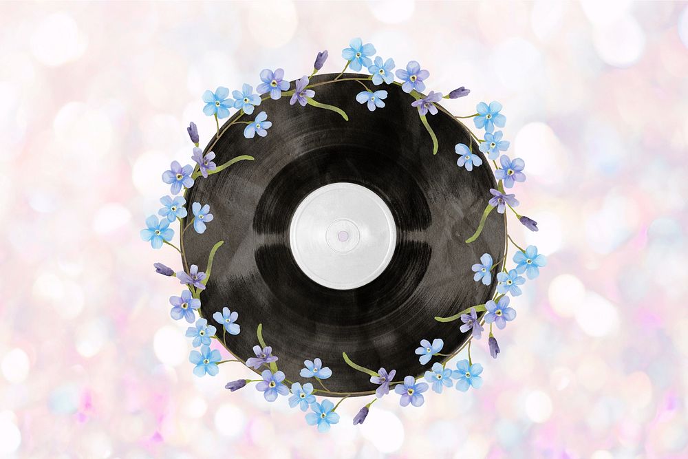 Floral vinyl record, music aesthetic collage element
