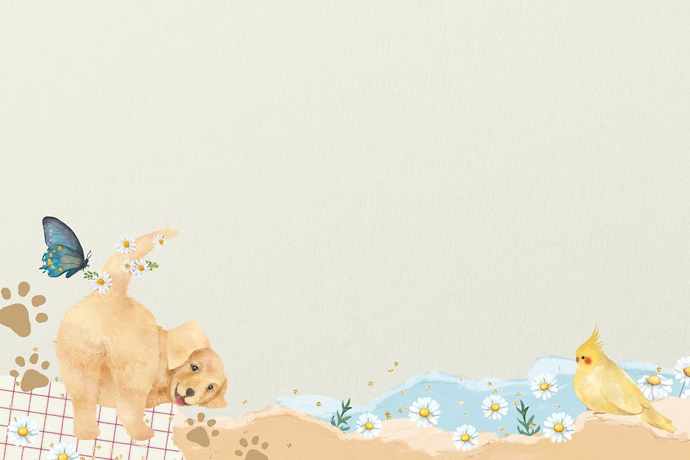 Golden retriever dog background, cute pet animal ripped paper border
