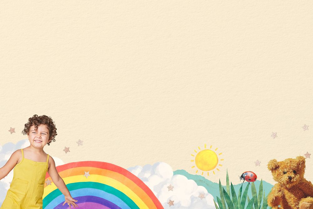 Beige kid & rainbow, cute background