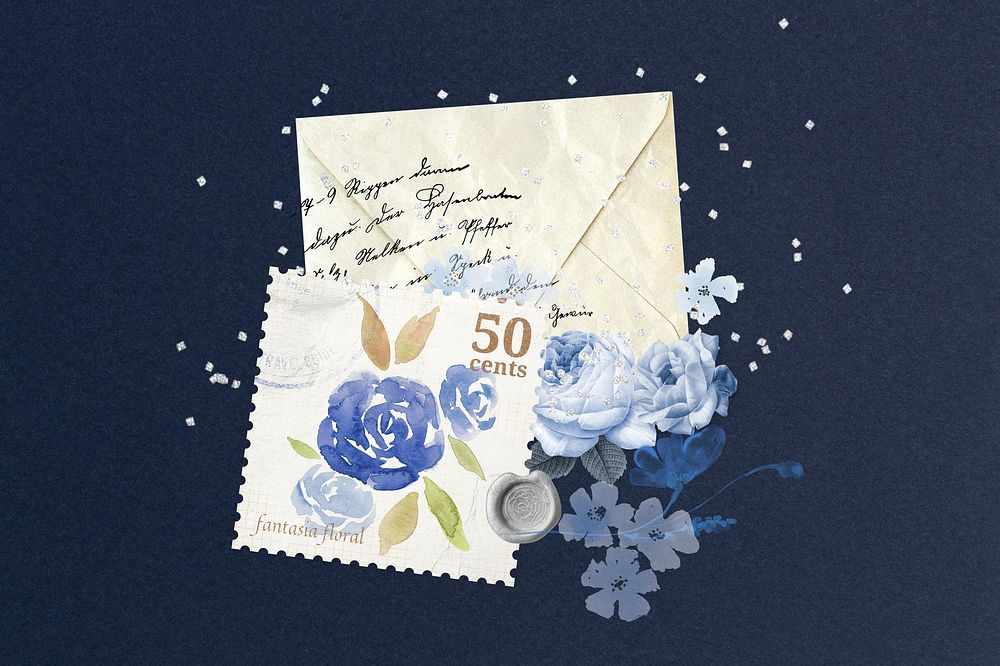 Vintage envelope, blue rose stamp remix illustration