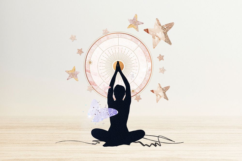 Meditating woman, wellness aesthetic collage