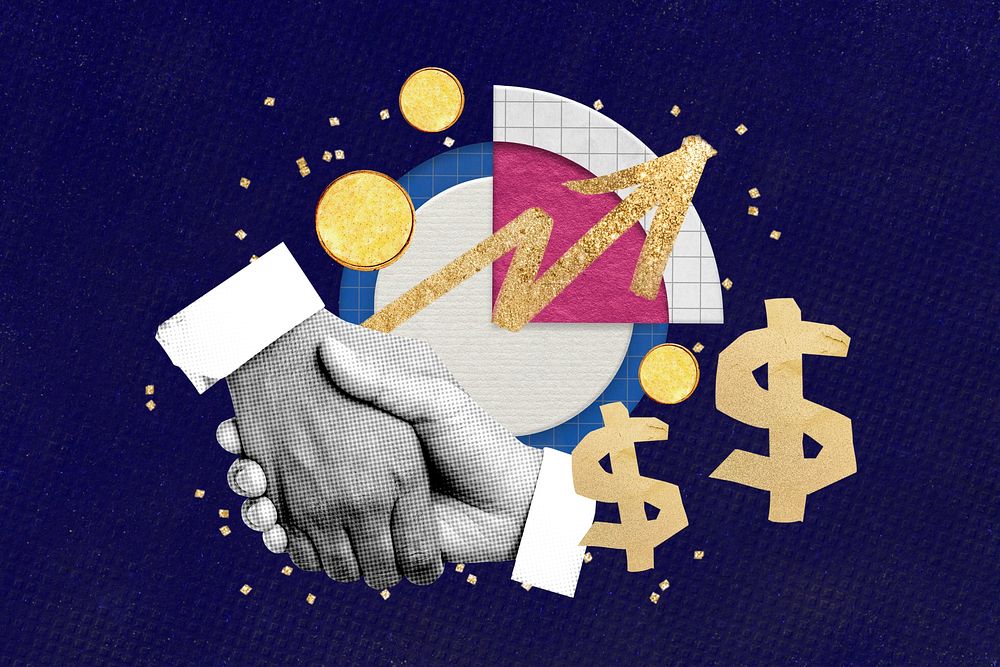 Business handshake partnership, creative finance collage