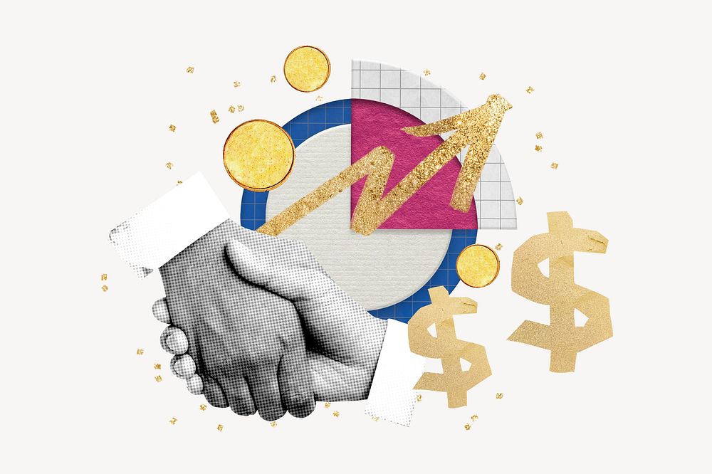Business handshake partnership, creative finance collage