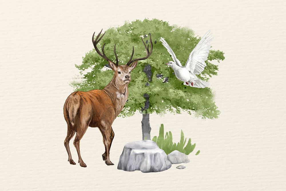 Stag deer, wild animal and nature collage