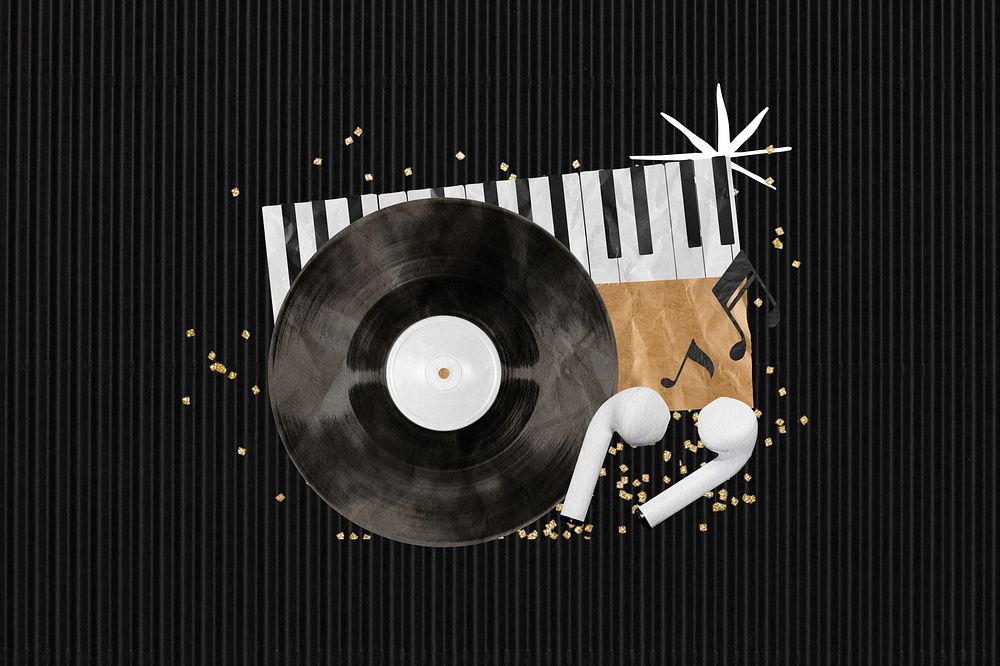 Retro music aesthetic, vinyl record and earphones paper collage