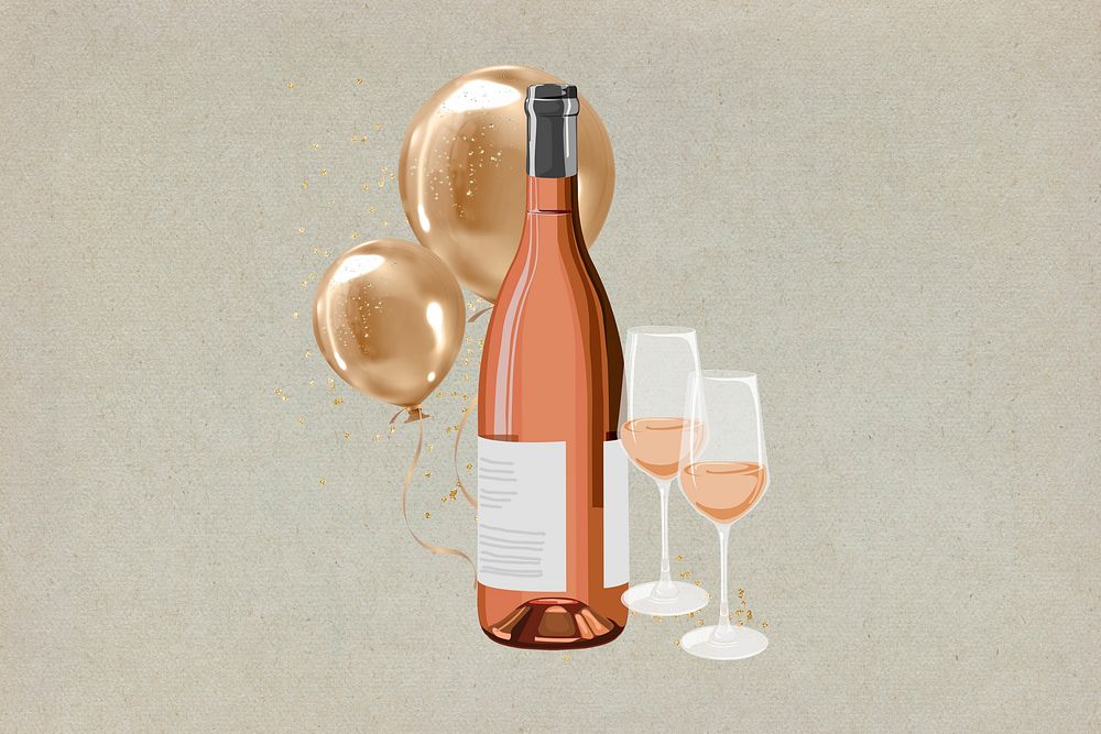 Pink champagne bottle, aesthetic celebration collage