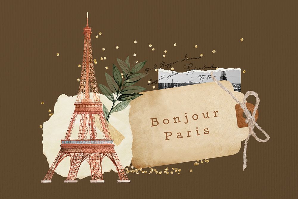 Bonjour Paris words, Eiffel Tower aesthetic collage
