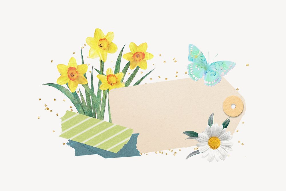 Daffodil bouquet with tag, Easter flower remix illustration background