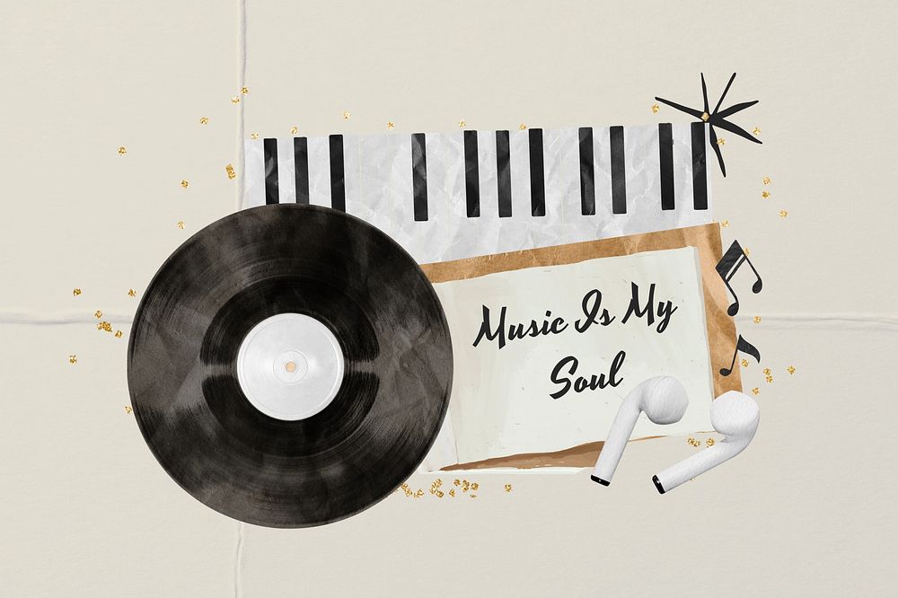 Music is my soul, aesthetic quote with vinyl record collage