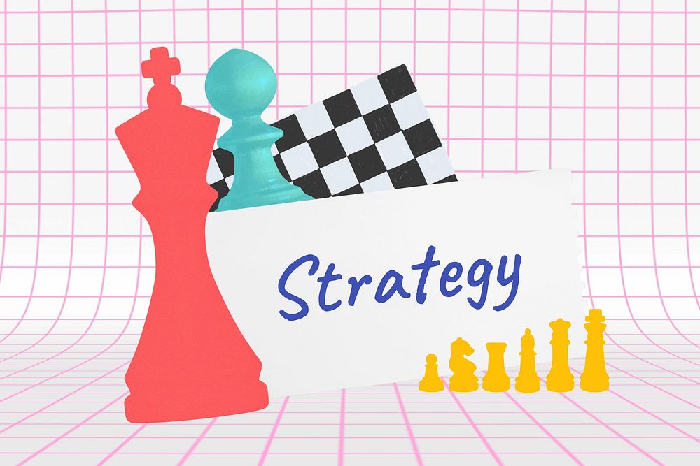 Strategy word, chess piece collage