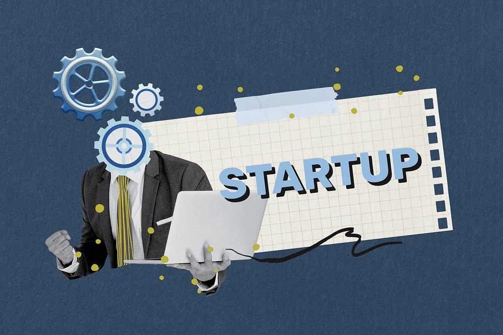 Startup word, business collage