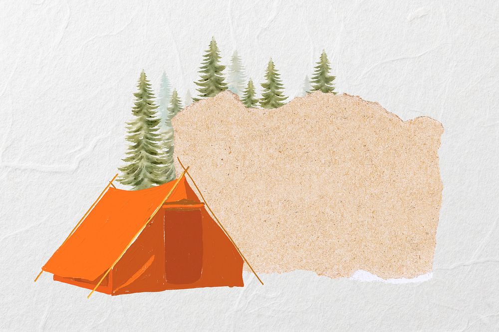 Camping tent ripped paper, aesthetic travel  background