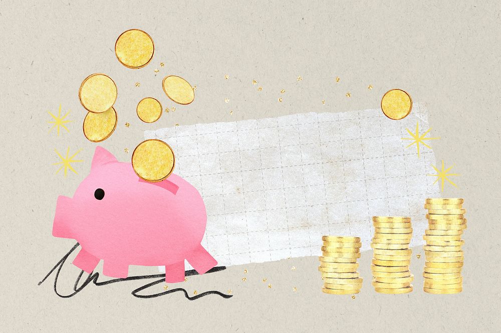 Piggy bank note paper, creative finance  background