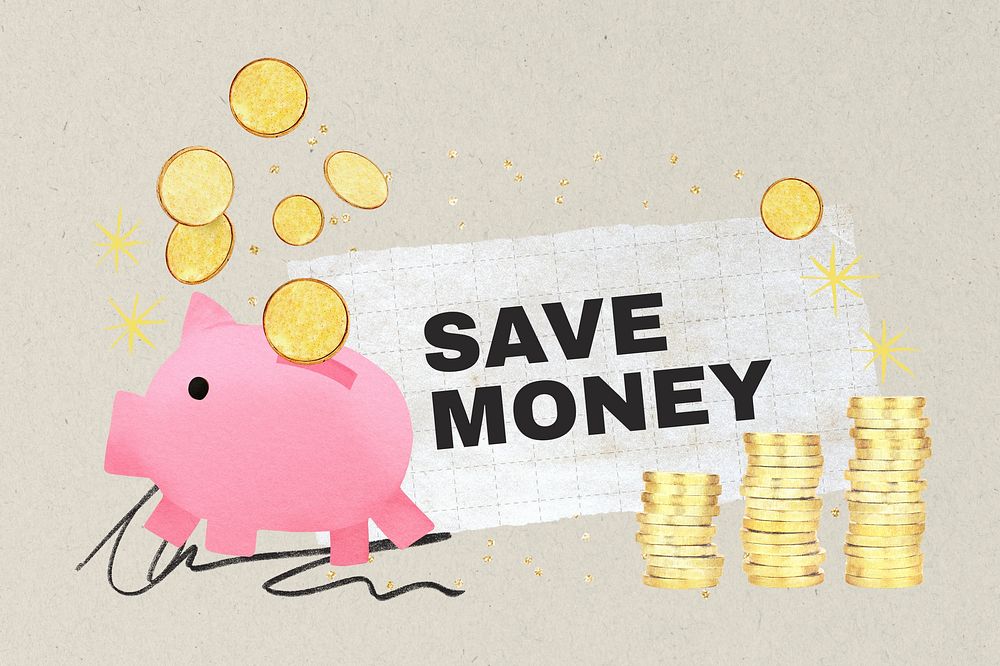 Save money word, piggy bank collage