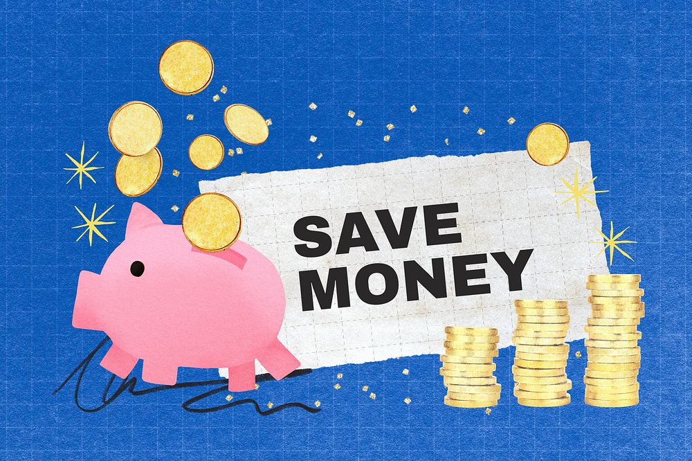 Save money word, piggy bank collage