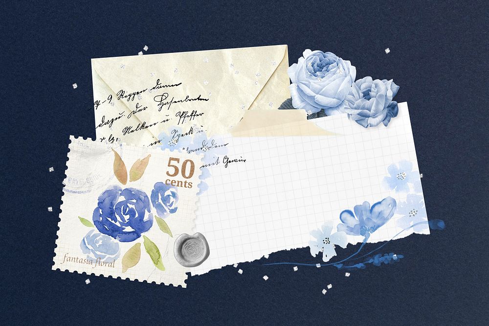 Vintage blue rose envelope remix illustration background
