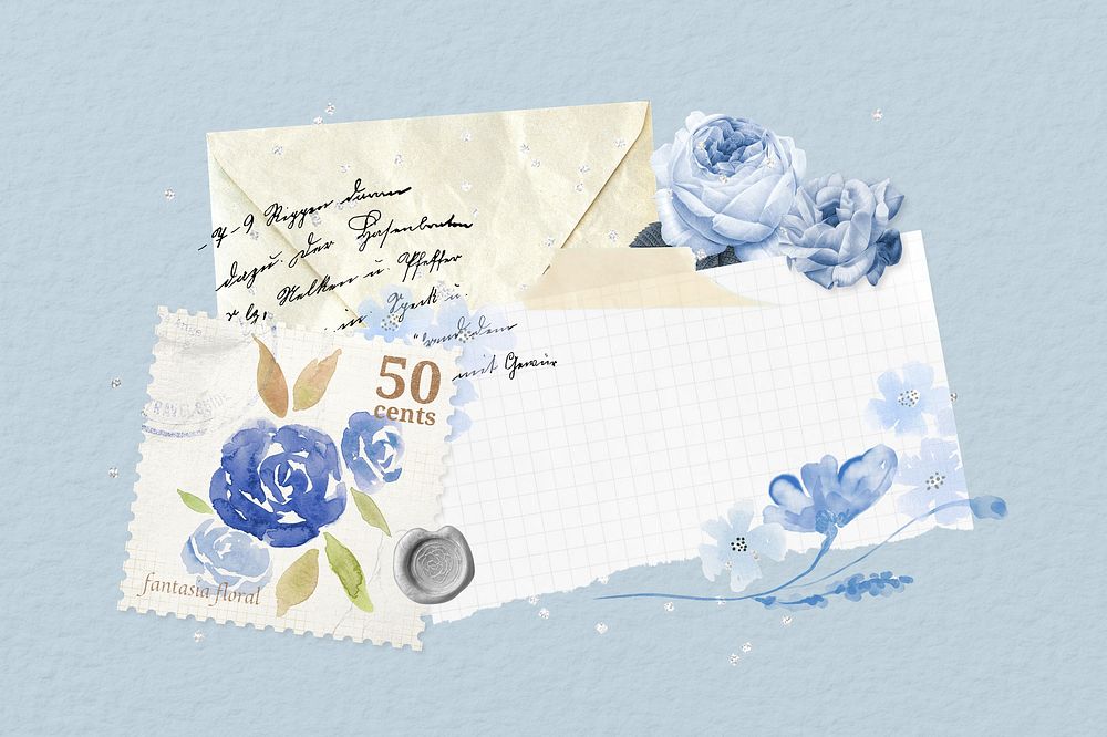 Aesthetic blue rose stamp, vintage remix illustration background