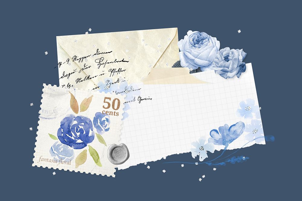 Vintage blue rose letter remix illustration background