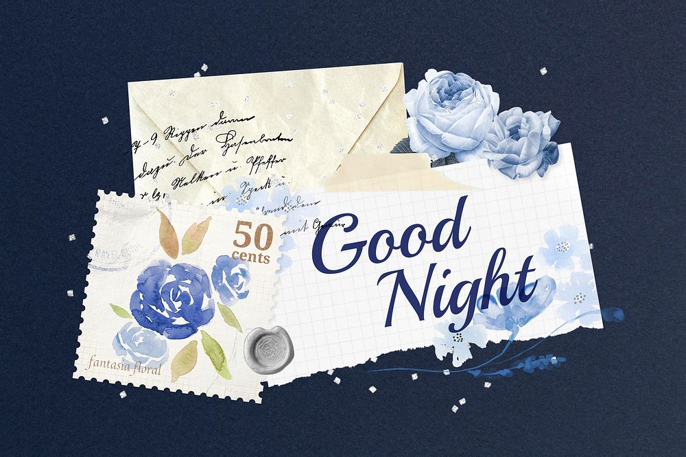 Vintage blue rose envelope, good night note remix illustration