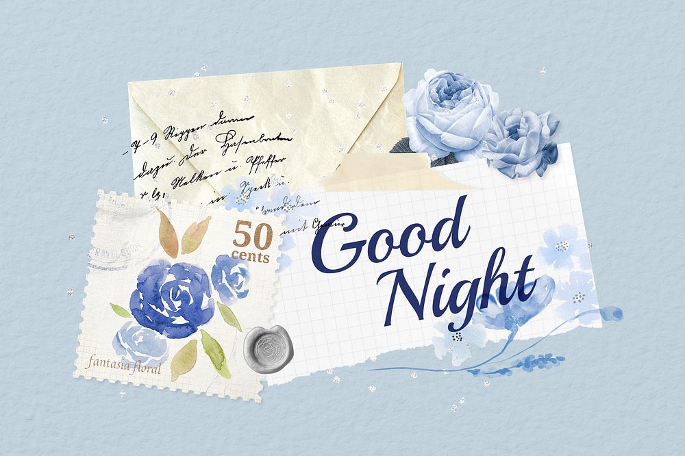 Good night note, vintage blue rose envelope remix illustration