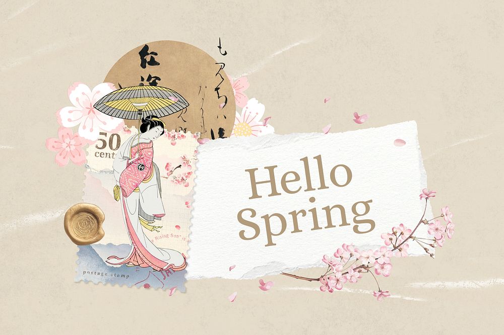 Hello Spring word, Japanese aesthetic paper collage