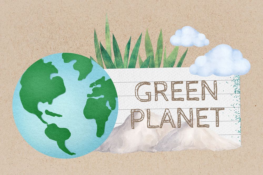Green planet word, note paper, environment collage