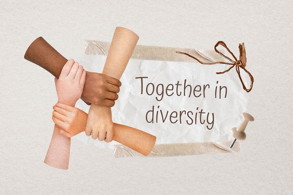 Together in diversity quote, united hands collage