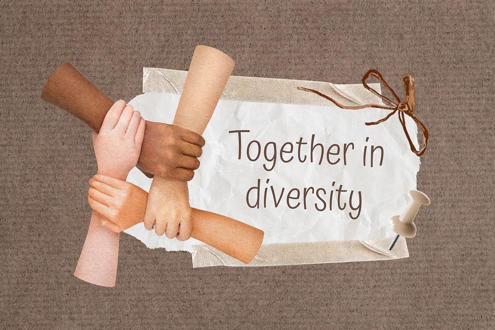 Together in diversity quote, united hands collage