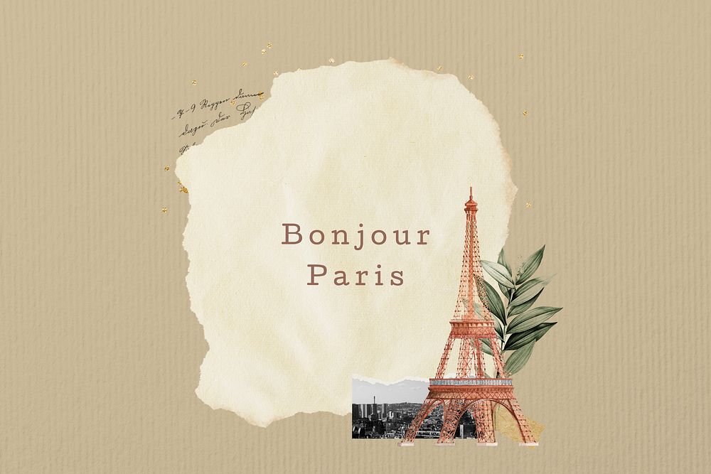 Bonjour Paris words, Eiffel Tower aesthetic collage