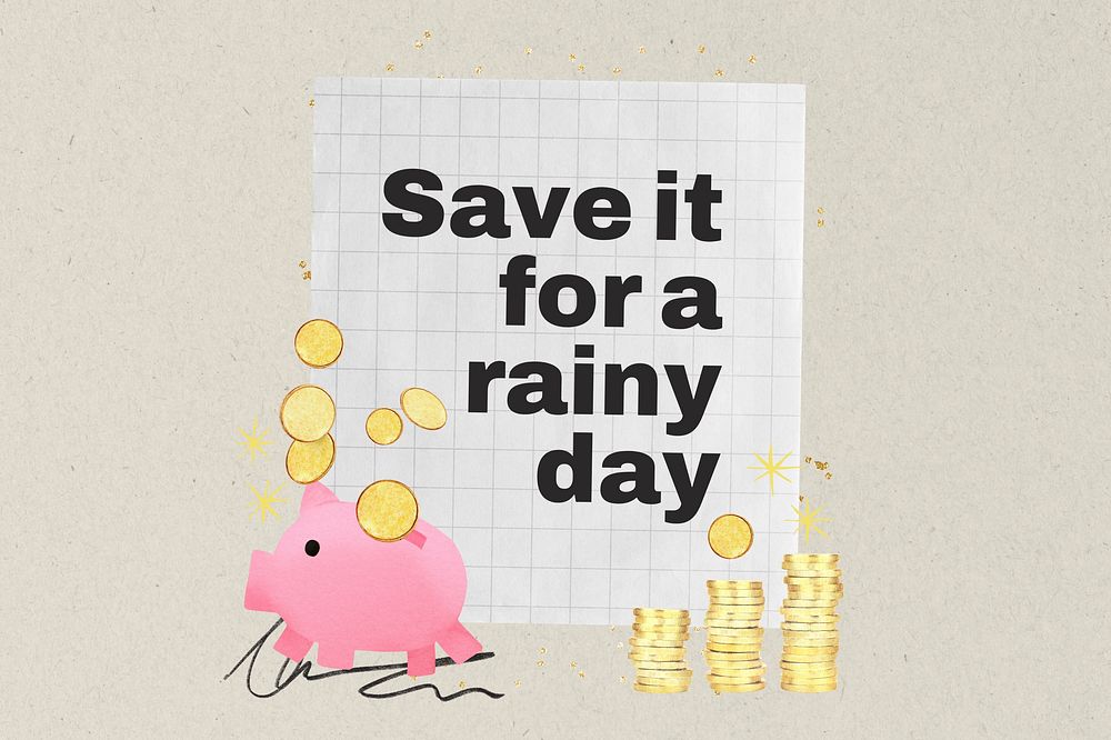 Money saving quote word, piggy bank collage