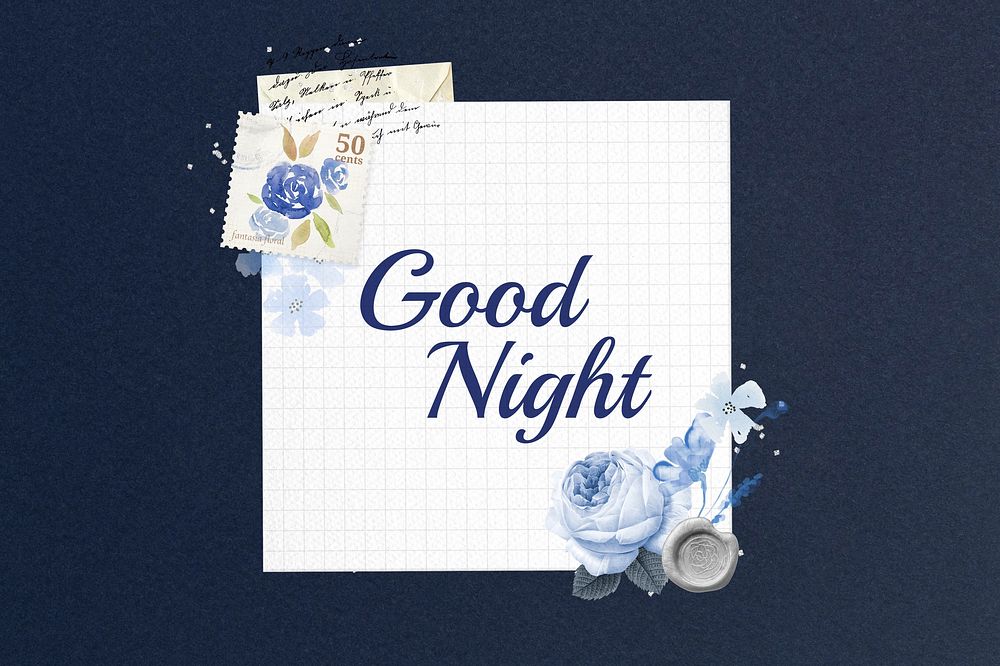 Good night note, blue rose grid paper remix illustration