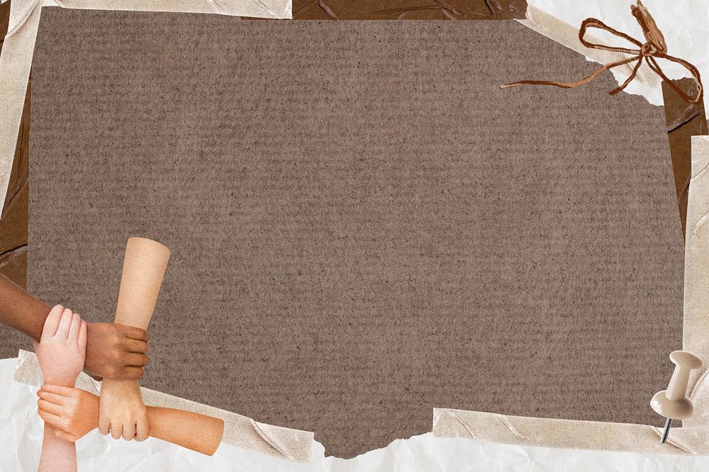 Diverse united hands frame background, brown paper texture