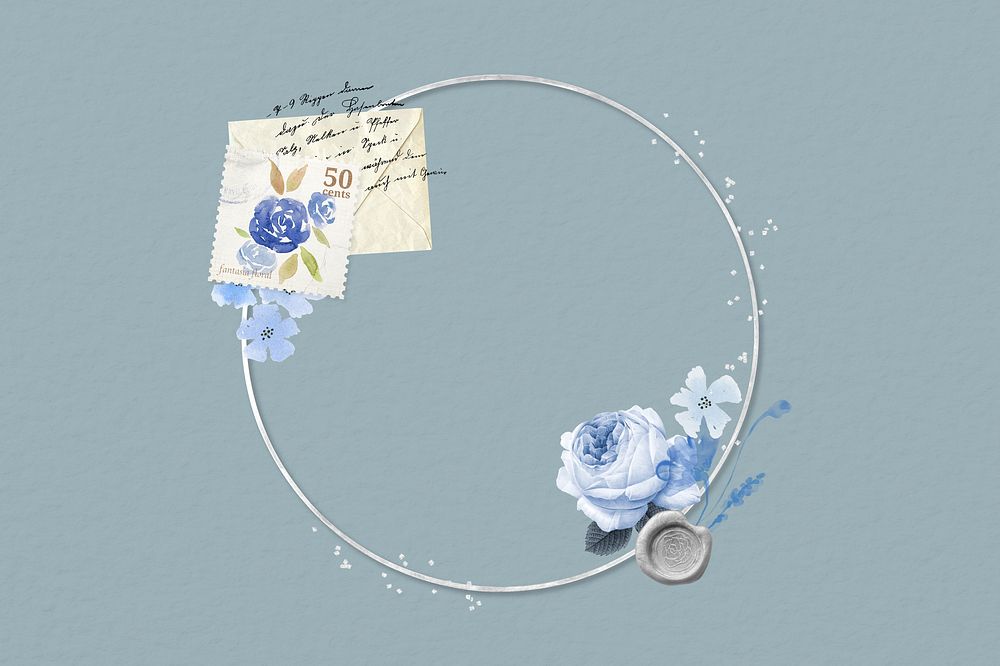 Vintage round frame, blue rose remix illustration