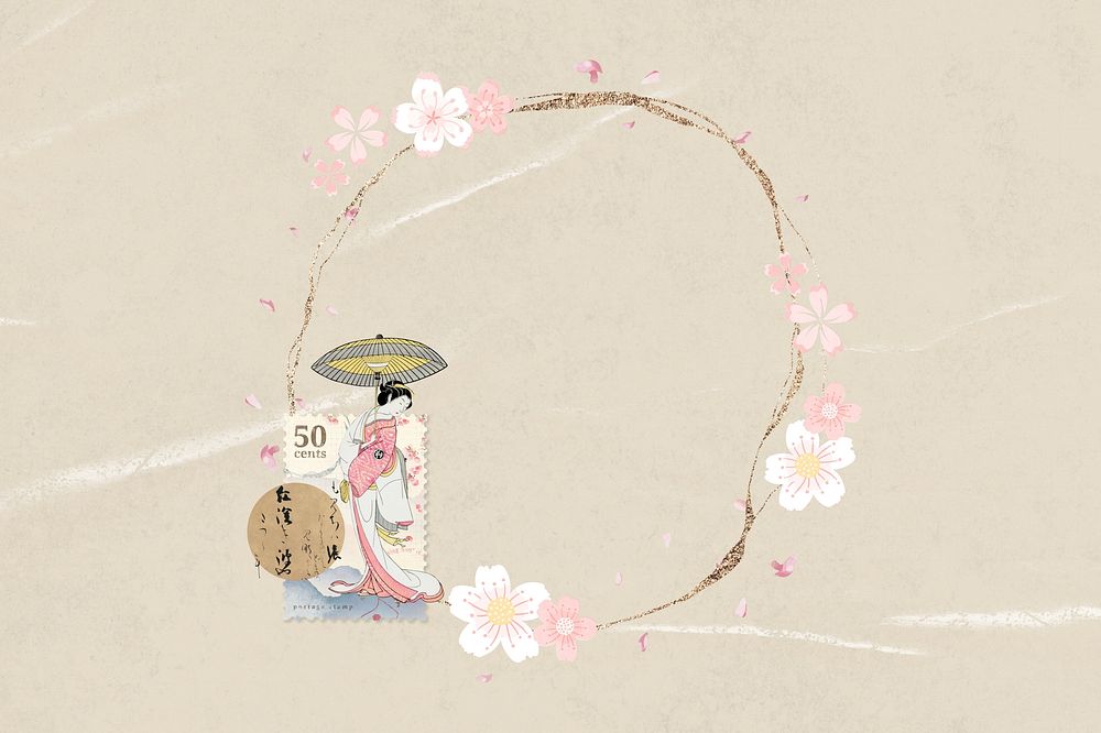 Vintage Japanese woman frame, cherry blossom remix illustration