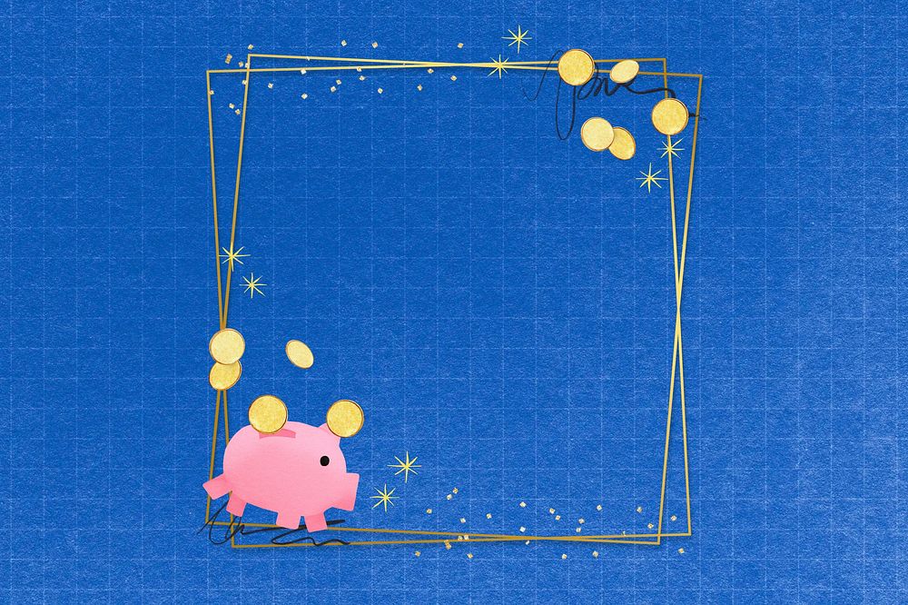 Piggy bank savings frame, gold square shape
