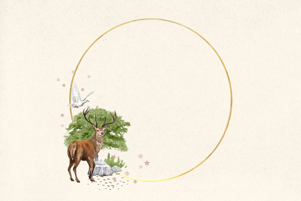 Gold circle frame, stag deer wildlife illustration