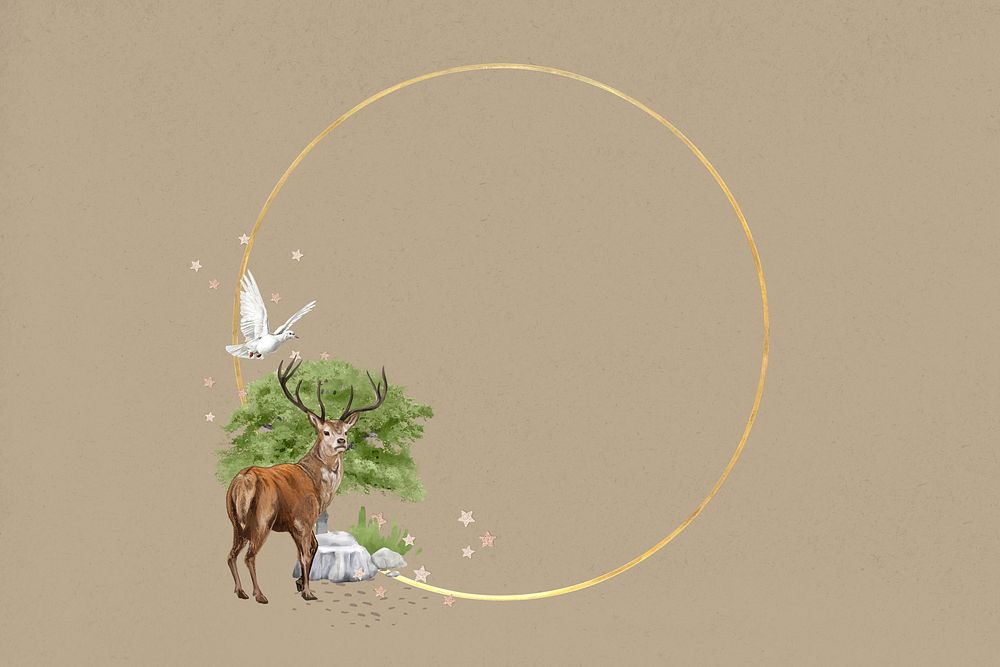 Gold circle frame, stag deer wildlife illustration
